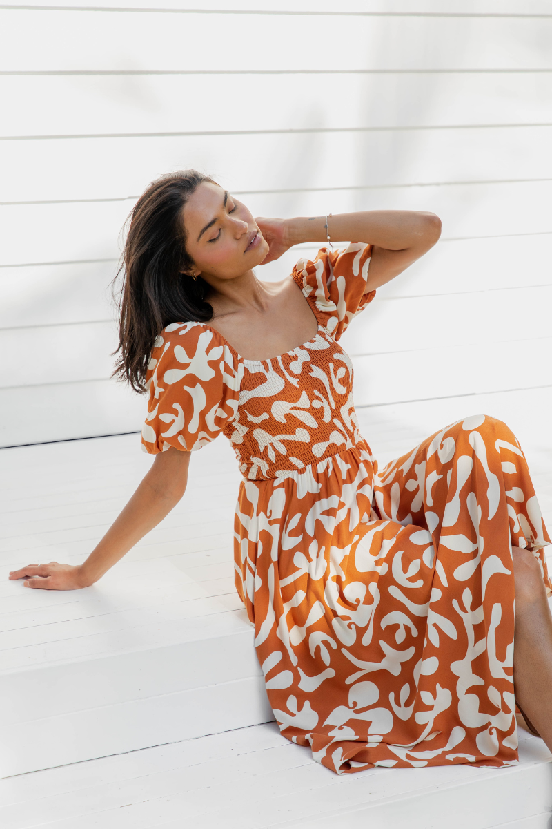 Isha Midi Dress - Sunset Orange - The Self Styler