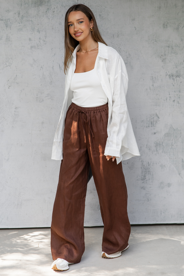 Tahlia Straight-Leg Linen Pants - Chocolate - The Self Styler