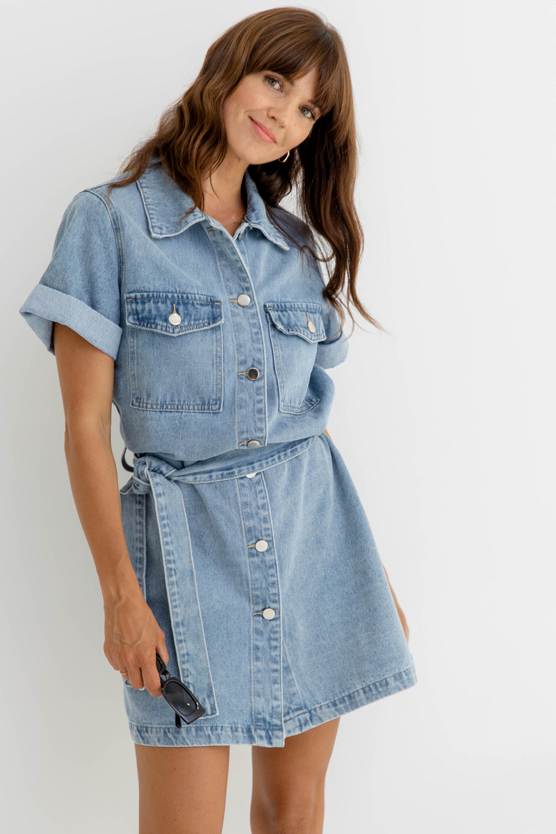 Kayla Denim Mini Dress - Light Wash - The Self Styler - The Self Styler