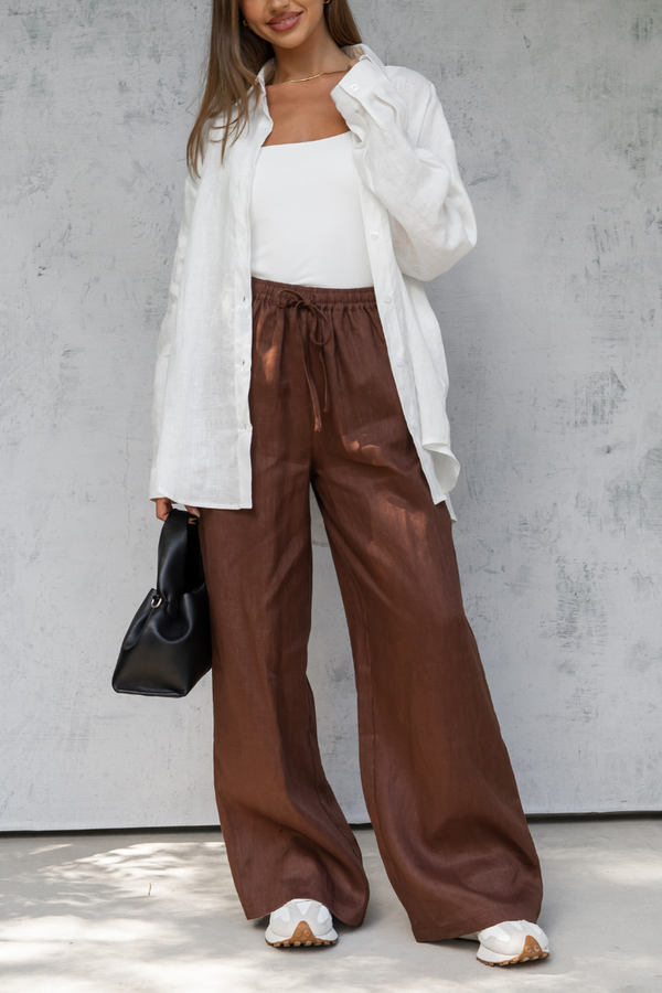 Tahlia Straight-Leg Linen Pants - Chocolate - The Self Styler