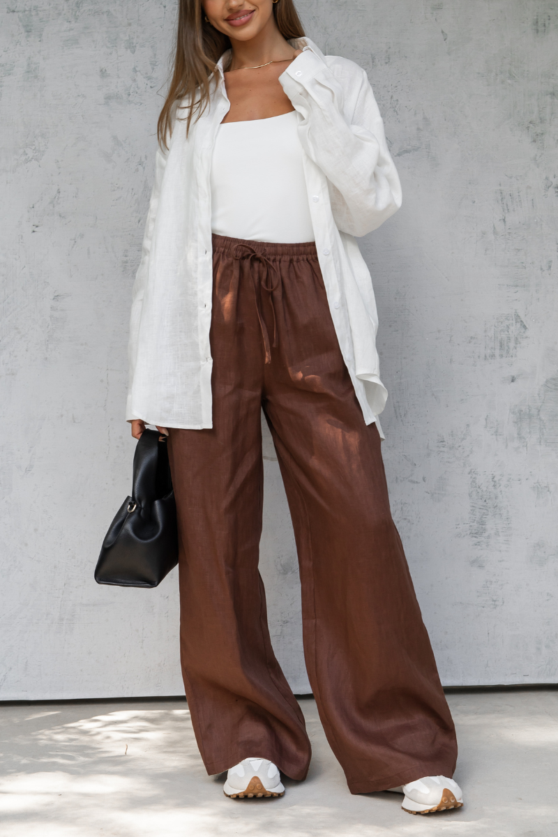 Tahlia Straight-Leg Linen Pants - Chocolate - The Self Styler