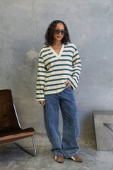 Addison Rugby Polo Top - Cream, Green & Navy Stripes