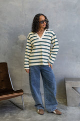 Addison Rugby Polo Top - Cream, Green & Navy Stripes