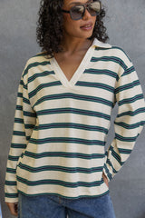 Addison Rugby Polo Top - Cream, Green & Navy Stripes