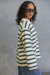 Addison Rugby Polo Top - Cream, Green & Navy Stripes