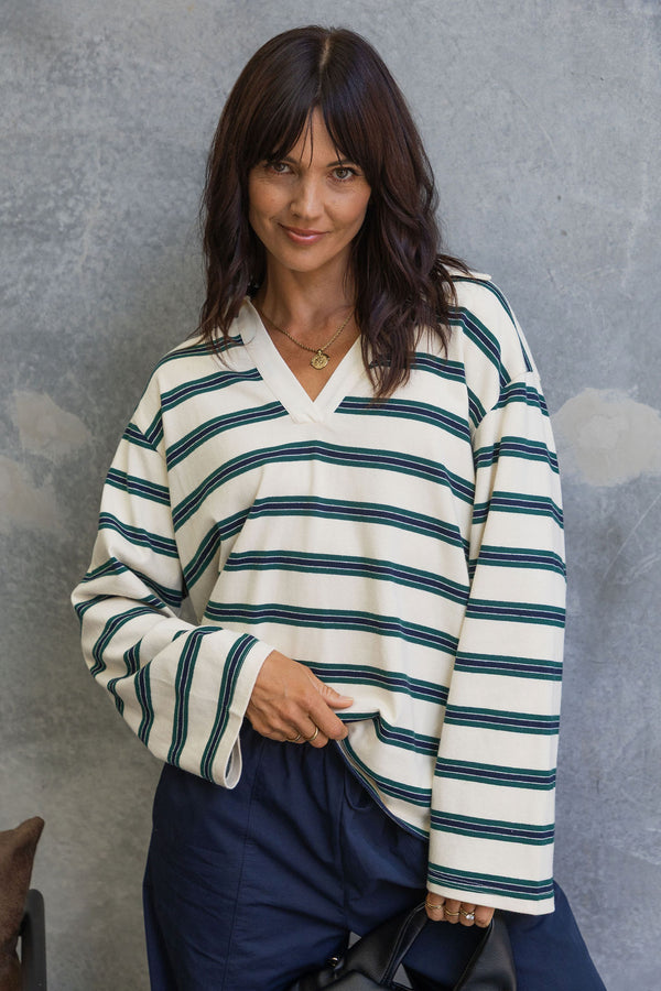 Addison Rugby Polo Top - Cream, Green & Navy Stripes