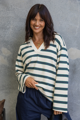 Addison Rugby Polo Top - Cream, Green & Navy Stripes