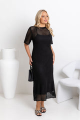 Airlie crochet dress in black, open-weave knit dress with short sleeves, styled with a black leather bucket bag and printed slide sandals