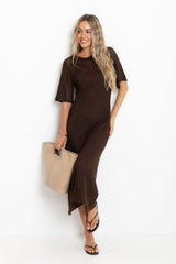 Airlie crochet midi dress in chocolate brown, open-weave knit midi dress with short sleeves, styled with a tan tote bag and thong sandals