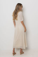 Airlie crochet midi dress in natural, open-weave knit midi dress with short sleeves, styled with thong heeled sandals