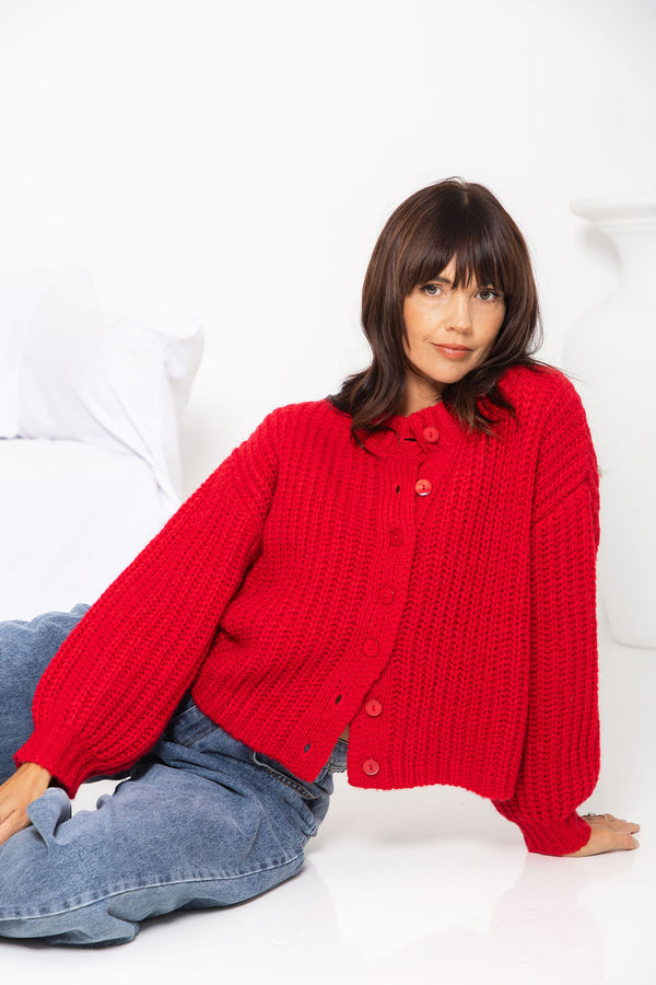 Amari Chunky Knit Cardigan - Red