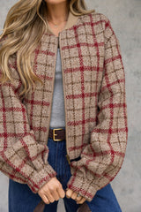 Aspyn Wool Bomber Jacket - Red & Beige Plaid