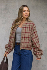 Aspyn Wool Bomber Jacket - Red & Beige Plaid