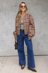 Aspyn Wool Bomber Jacket - Red & Beige Plaid