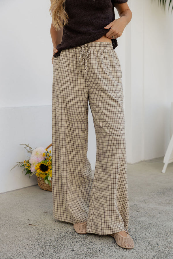 Landon Wide-Leg Cotton Pants - Beige Check