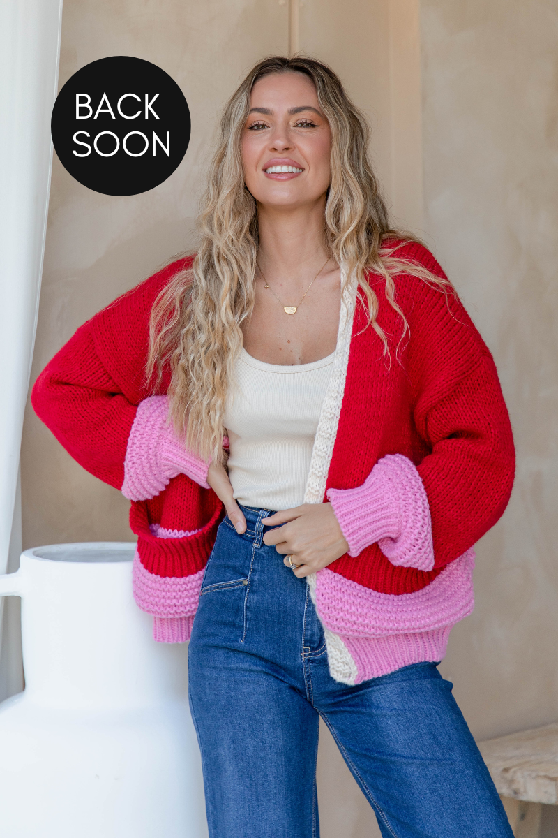 Winnie Knit Cardigan - Pink and Red - The Self Styler