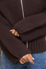 Callie Funnel Neck Zip-Up Cardigan - Chocolate