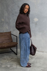Callie Funnel Neck Zip-Up Cardigan - Chocolate