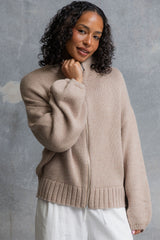 Callie Funnel Neck Zip-Up Cardigan - Latte