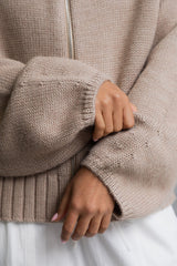 Callie Funnel Neck Zip-Up Cardigan - Latte