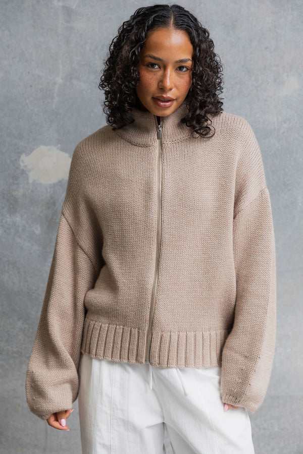 Callie Funnel Neck Zip-Up Cardigan - Latte