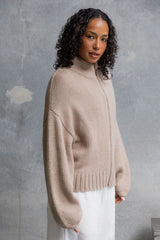 Callie Funnel Neck Zip-Up Cardigan - Latte