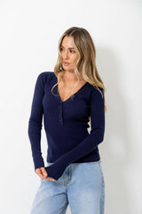 Cara V-Neck Ribbed Knit Top - Navy
