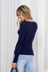 Cara V-Neck Ribbed Knit Top - Navy
