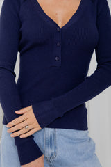 Cara V-Neck Ribbed Knit Top - Navy