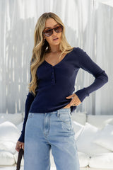 Cara V-Neck Ribbed Knit Top - Navy