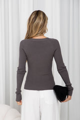 Cara V-Neck Ribbed Knit Top - Charcoal