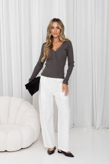 Cara V-Neck Ribbed Knit Top - Charcoal