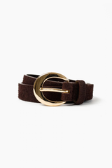 A dark brown suede belt with a large, polished gold-tone oval buckle, neatly coiled on a clean white background.