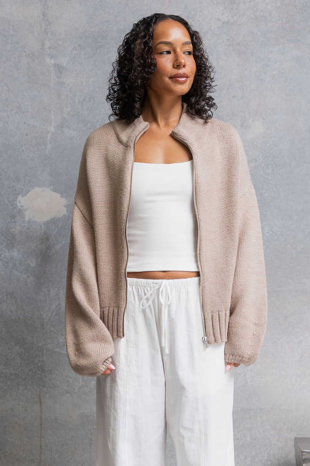 Callie Funnel Neck Zip-Up Cardigan - Latte – The Self Styler