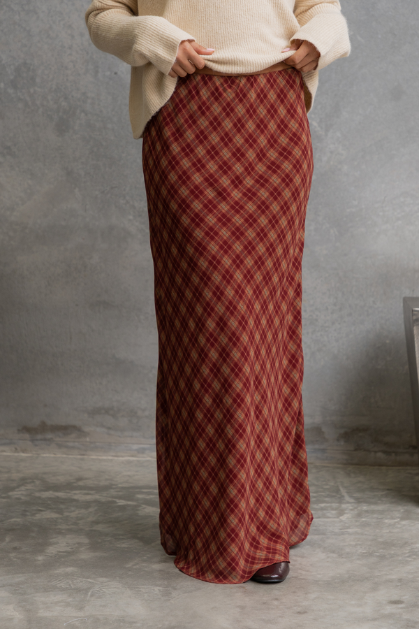 Rowie Plaid Maxi Skirt - Burgundy