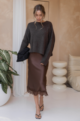 Georgie Satin Lace Midi Skirt - Chocolate