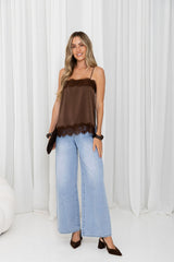 Elce Satin Lace Cami Top - Chocolate