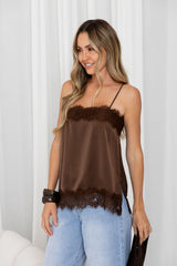 Elce Satin Lace Cami Top - Chocolate