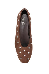 A brown suede flat shoe with silver metal studs, shown from a top-down view on a white background. The brand name 'Veralli' is visible on the insole.