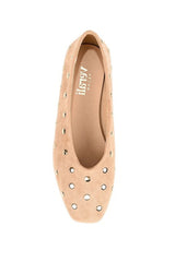 A single beige suede flat shoe with metal eyelet cutouts, shown from a top-down view on a white background. The brand name 'ibisy' is visible on the insole.