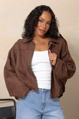 Fraser chocolate suede look bomber jacket, oversized boxy fit with collar and dropped shoulders, styled with light wash denim jeans