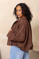 Fraser chocolate suede look bomber jacket, oversized boxy fit with collar and dropped shoulders, styled with light wash denim jeans