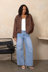Fraser chocolate suede look bomber jacket, oversized boxy fit with collar and dropped shoulders, styled with light wash denim jeans