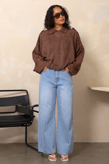 Fraser chocolate suede look bomber jacket, oversized boxy fit with collar and dropped shoulders, styled with light wash denim jeans