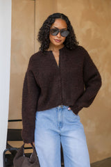 Freya Fluffy Knit Cardigan - Chocolate