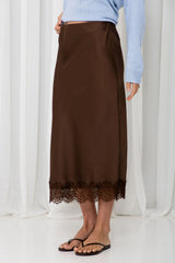 Georgie Satin Lace Midi Skirt - Chocolate