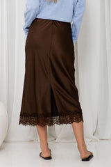Georgie Satin Lace Midi Skirt - Chocolate