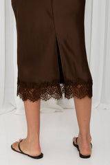 Georgie Satin Lace Midi Skirt - Chocolate