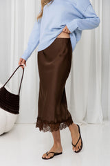 Georgie Satin Lace Midi Skirt - Chocolate