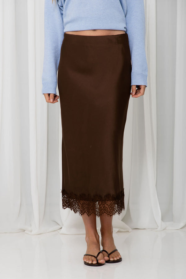 Georgie Satin Lace Midi Skirt - Chocolate